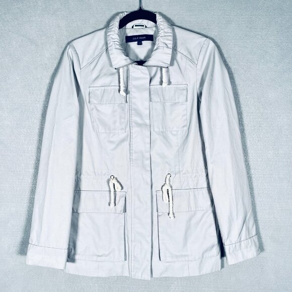 Cole Haan Jacket Womens S Gray Cotton Blend Cinch Waist Raincoat Windbreaker - Picture 1 of 14